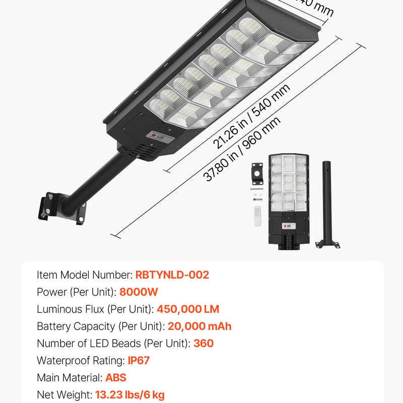 VEVOR saules ielu lampas 2 gab., 8000 W, 450 000 lm, LED āra prožektori ar kustības sensoru, krēslas–rītausmas režīms, IP67 ūdensizturība, apgaismojumam pagalmā un piebraucamajā ceļā - ZEMLETES.LV