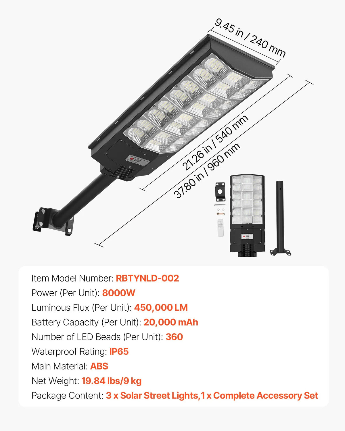 VEVOR saules ielu lampas 3 gab., 8000 W, 450 000 lm, LED āra prožektori ar kustības sensoru, krēslas–rītausmas režīms, IP65 ūdensizturība, apgaismojumam pagalmā un piebraucamajā ceļā - ZEMLETES.LV
