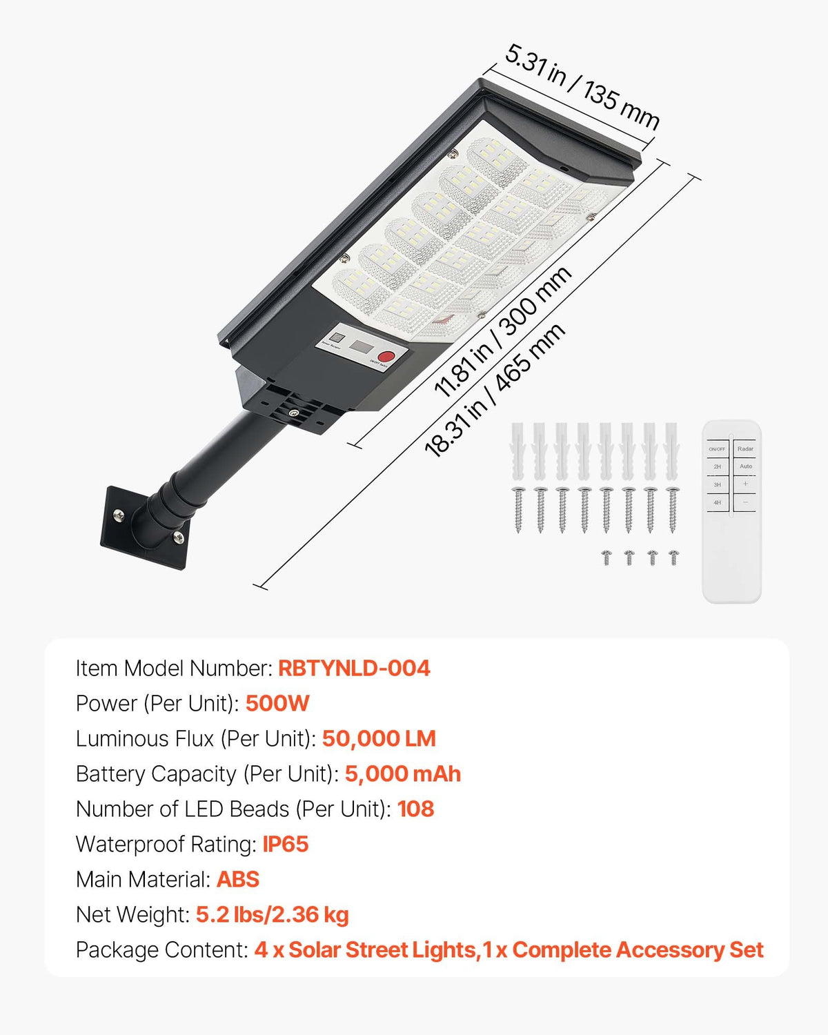 VEVOR saules ielu lampas 4 gab., 500 W, 50 000 lm, LED āra prožektori ar kustības sensoru, krēslas–rītausmas režīms, IP65 ūdensizturība, apgaismojumam pagalmā un piebraucamajā ceļā - ZEMLETES.LV