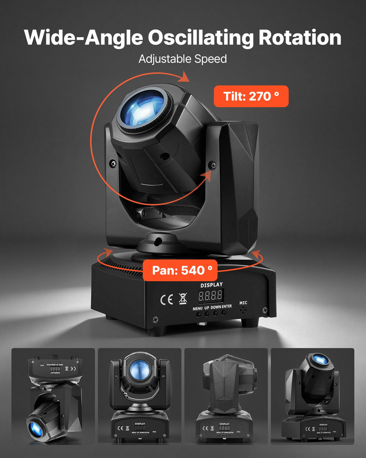 VEVOR LED kustīgās galvas skatuves gaismas, 2 gab., 30 W RGB, 8 gobo efekti un 8 krāsas, 540° panorāmas rotācija un 270° noliekšana, DMX512 un skaņas vadība, melnas