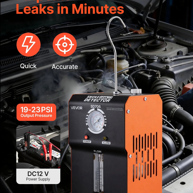 VEVOR automobiļu dūmu noplūdes detektors, DC 12 V, 65 W, EVAP diagnostika, iebūvēts gaisa sūknis, spiediena un plūsmas mērītājs, 2 režīmi, automašīnām, motocikliem, kravas auto, laivām un ATV