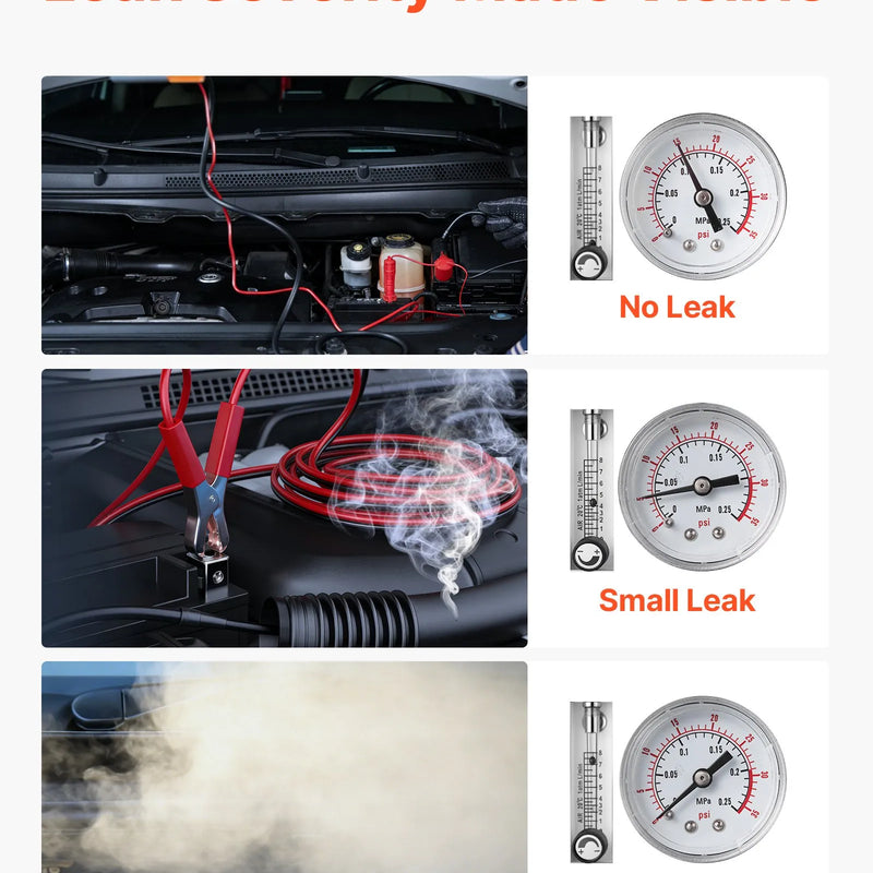 VEVOR automobiļu dūmu noplūdes detektors, DC 12 V, 65 W, EVAP diagnostika, iebūvēts gaisa sūknis, spiediena un plūsmas mērītājs, 2 režīmi, automašīnām, motocikliem, kravas auto, laivām un ATV