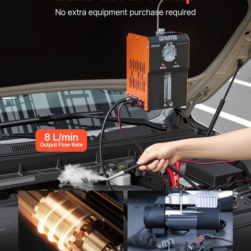 VEVOR automobiļu dūmu noplūdes detektors, DC 12 V, 65 W, EVAP diagnostika, iebūvēts gaisa sūknis, spiediena un plūsmas mērītājs, 2 režīmi, automašīnām, motocikliem, kravas auto, laivām un ATV
