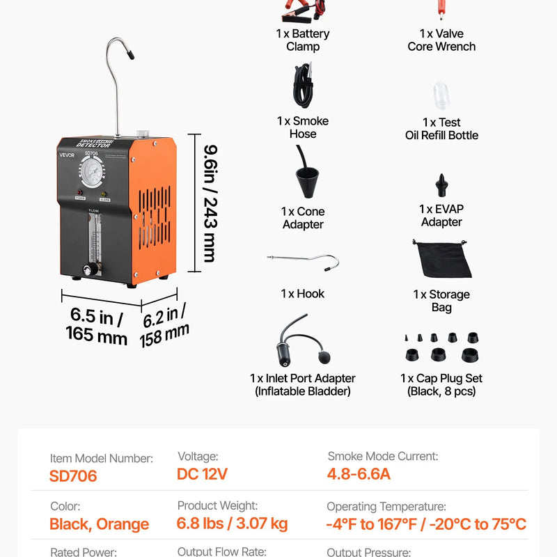 VEVOR automobiļu dūmu noplūdes detektors, DC 12 V, 65 W, EVAP diagnostika, iebūvēts gaisa sūknis, spiediena un plūsmas mērītājs, 2 režīmi, automašīnām, motocikliem, kravas auto, laivām un ATV