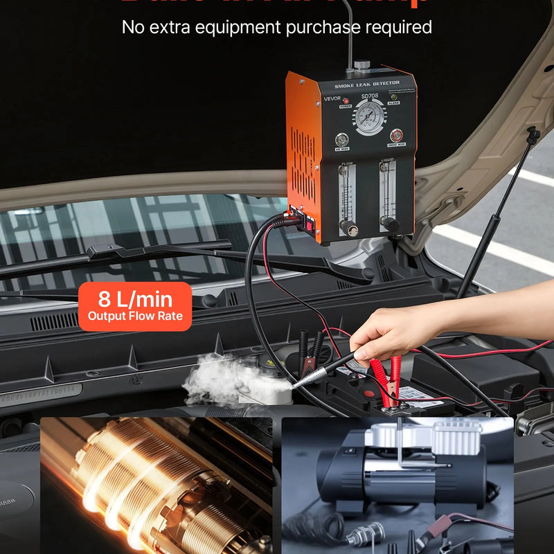 VEVOR automobiļu dūmu noplūdes detektors, DC 12 V, EVAP diagnostikas testeris, iebūvēts gaisa sūknis, spiediena mērītājs, plūsmas mērītājs, 2 režīmi, automašīnām, motocikliem, kravas auto un ATV