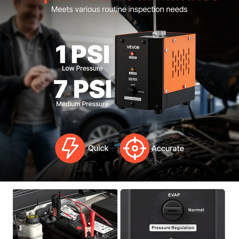 VEVOR automobiļu dūmu noplūdes detektors SD701, DC 12 V, 35 W, EVAP un vakuuma sistēmām, iebūvēts gaisa sūknis, regulējams spiediens 0,07–0,48 bar, automašīnām, motocikliem un laivām