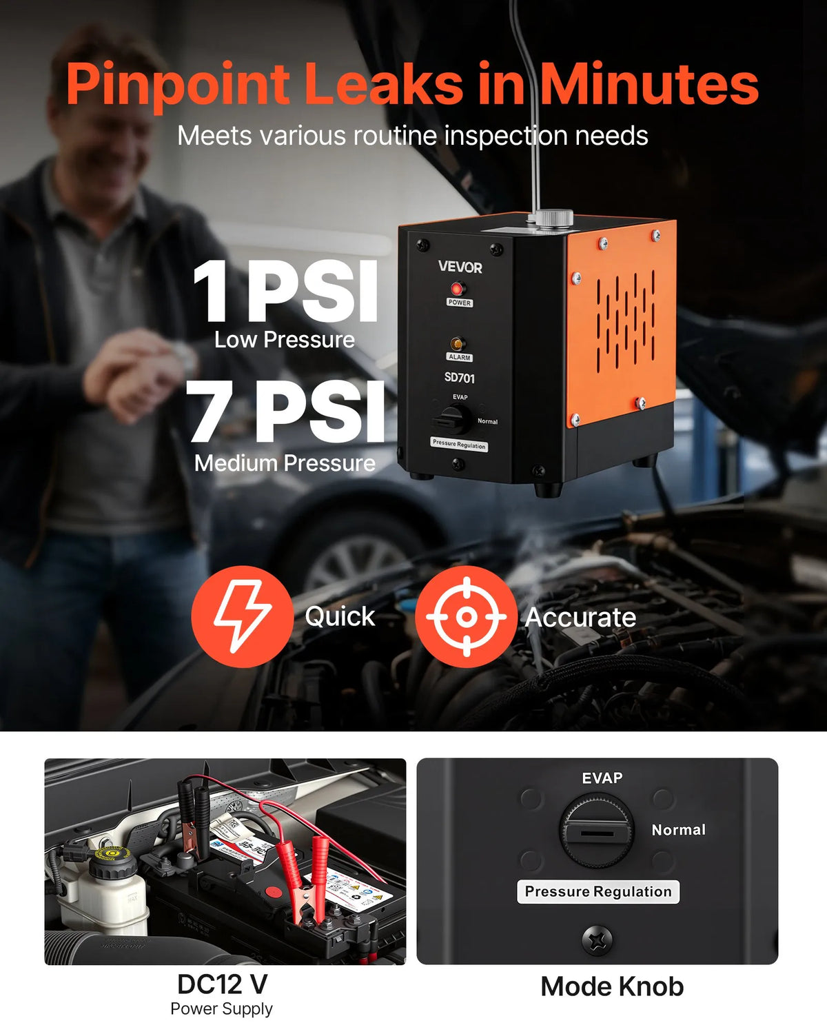 VEVOR automobiļu dūmu noplūdes detektors SD701, DC 12 V, 35 W, EVAP un vakuuma sistēmām, iebūvēts gaisa sūknis, regulējams spiediens 0,07–0,48 bar, automašīnām, motocikliem un laivām