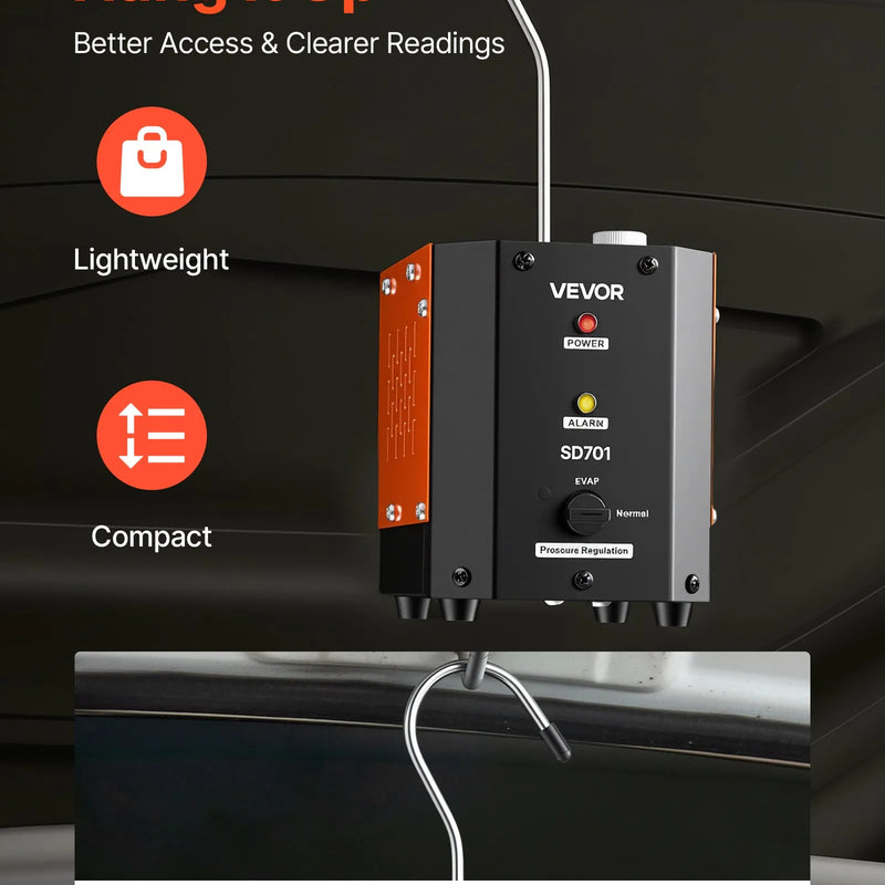 VEVOR automobiļu dūmu noplūdes detektors SD701, DC 12 V, 35 W, EVAP un vakuuma sistēmām, iebūvēts gaisa sūknis, regulējams spiediens 0,07–0,48 bar, automašīnām, motocikliem un laivām