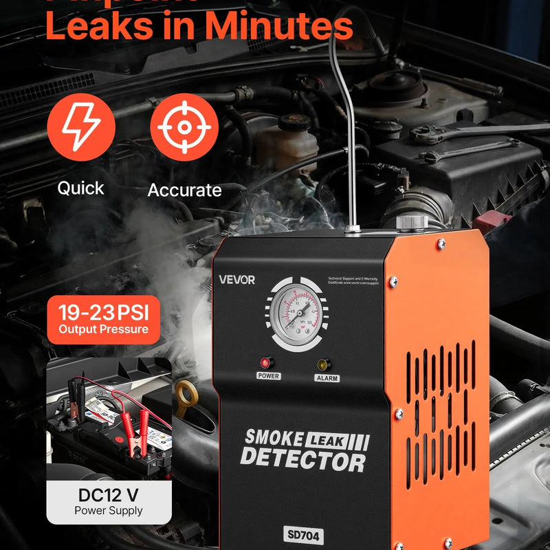 VEVOR automobiļu dūmu noplūdes detektors SD704, DC 12 V, 65 W, EVAP diagnostika, iebūvēts gaisa sūknis, spiediena mērītājs, 2 režīmi, automašīnām, motocikliem, kravas auto, laivām un ATV
