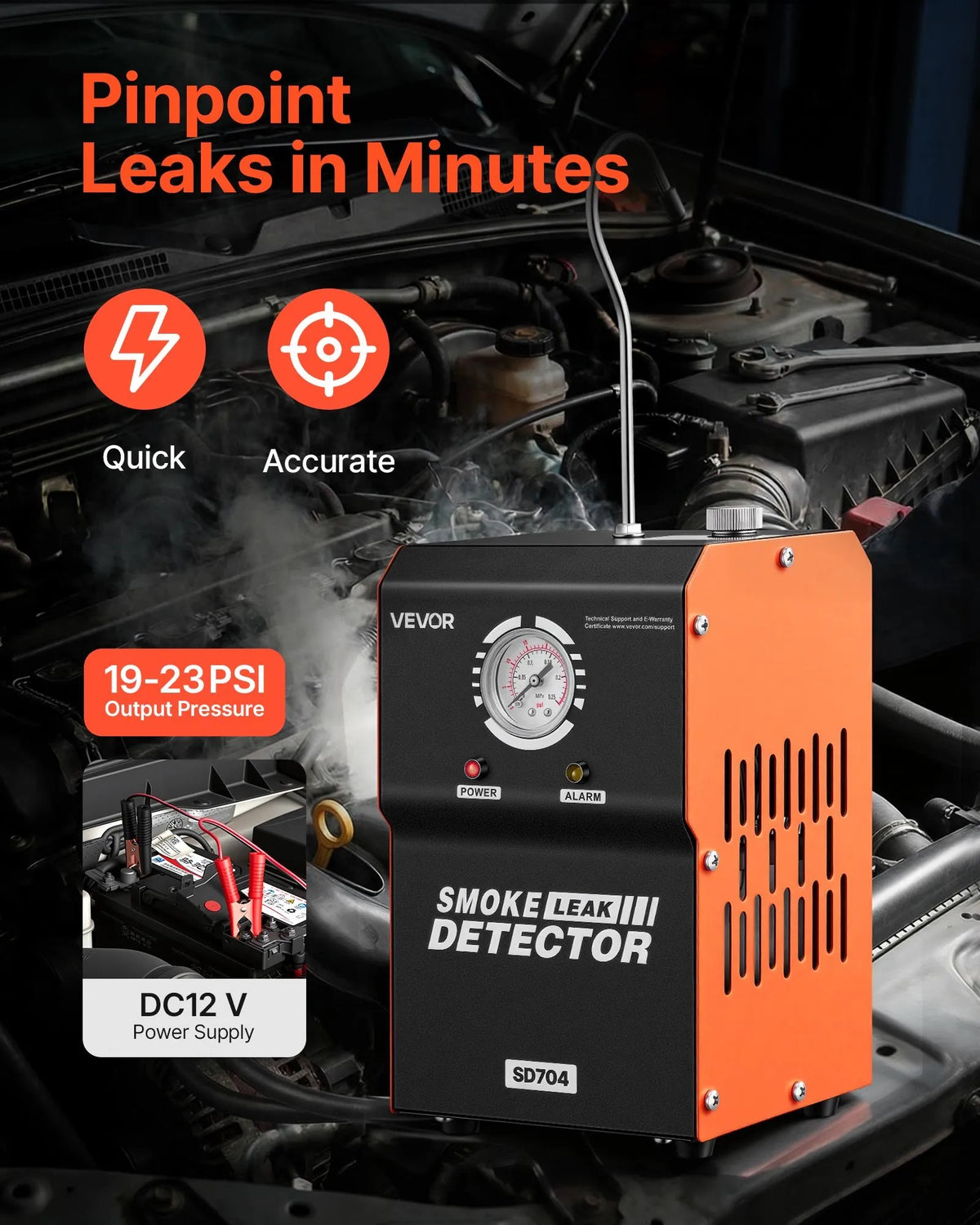 VEVOR automobiļu dūmu noplūdes detektors SD704, DC 12 V, 65 W, EVAP diagnostika, iebūvēts gaisa sūknis, spiediena mērītājs, 2 režīmi, automašīnām, motocikliem, kravas auto, laivām un ATV