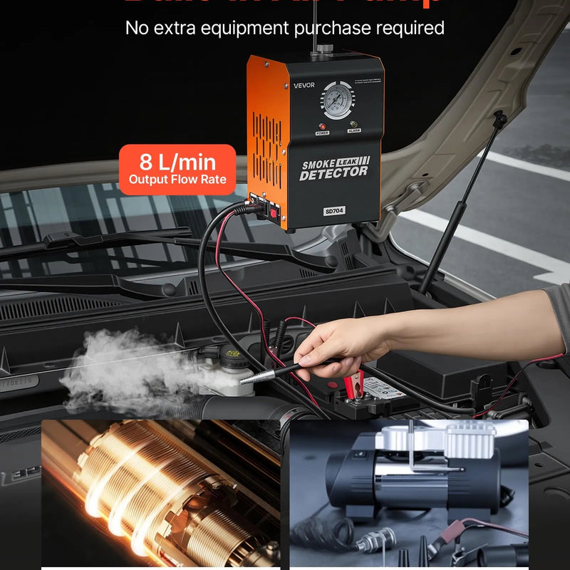 VEVOR automobiļu dūmu noplūdes detektors SD704, DC 12 V, 65 W, EVAP diagnostika, iebūvēts gaisa sūknis, spiediena mērītājs, 2 režīmi, automašīnām, motocikliem, kravas auto, laivām un ATV
