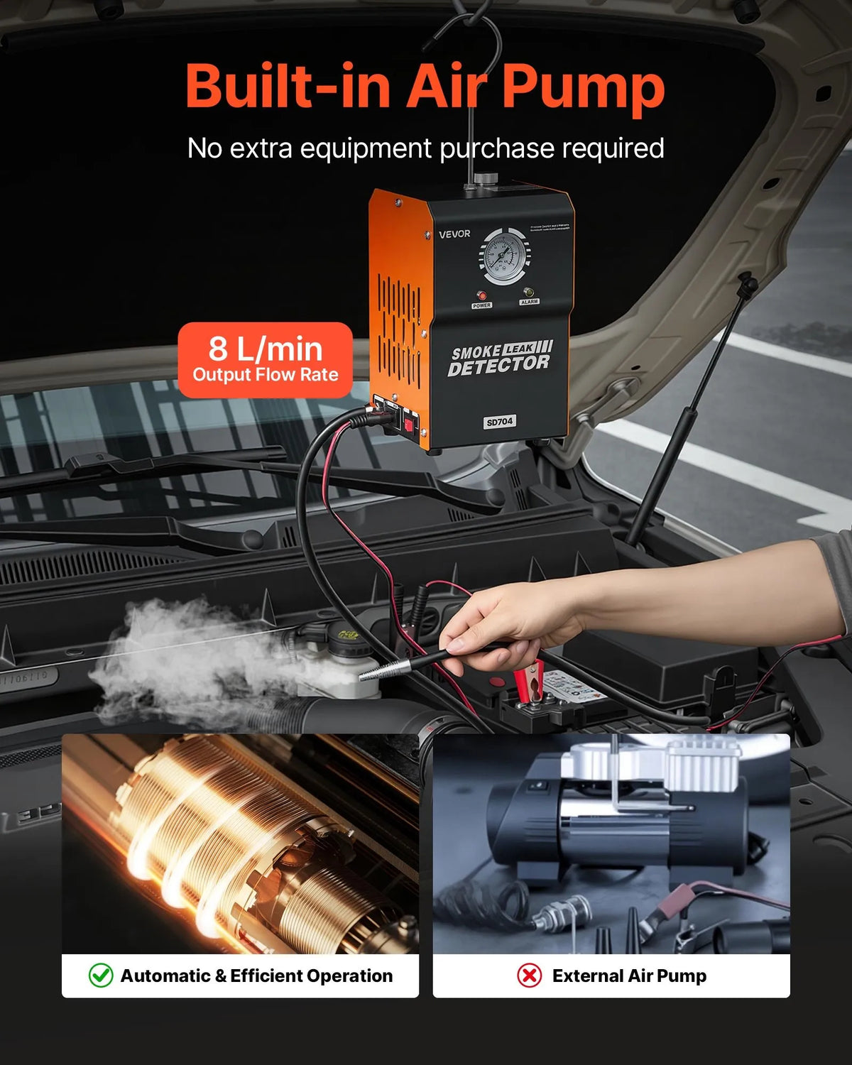 VEVOR automobiļu dūmu noplūdes detektors SD704, DC 12 V, 65 W, EVAP diagnostika, iebūvēts gaisa sūknis, spiediena mērītājs, 2 režīmi, automašīnām, motocikliem, kravas auto, laivām un ATV