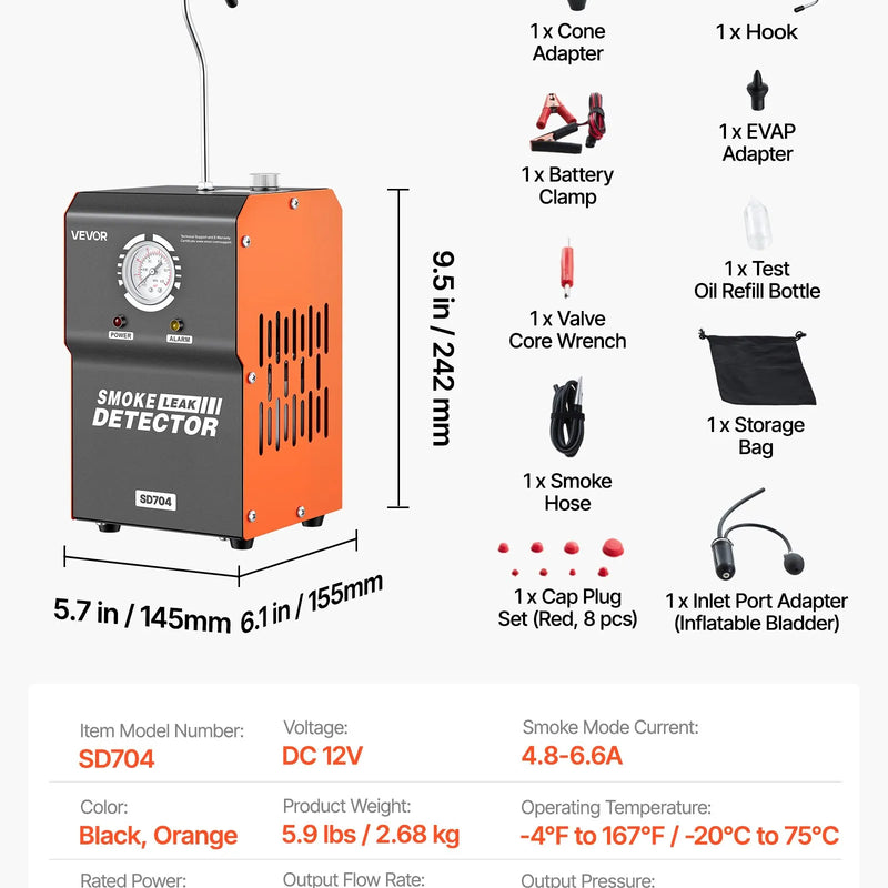 VEVOR automobiļu dūmu noplūdes detektors SD704, DC 12 V, 65 W, EVAP diagnostika, iebūvēts gaisa sūknis, spiediena mērītājs, 2 režīmi, automašīnām, motocikliem, kravas auto, laivām un ATV