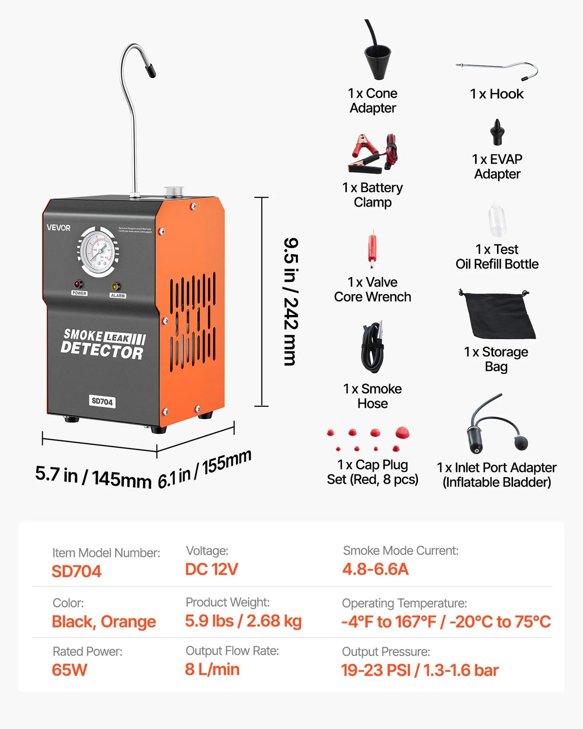 VEVOR automobiļu dūmu noplūdes detektors SD704, DC 12 V, 65 W, EVAP diagnostika, iebūvēts gaisa sūknis, spiediena mērītājs, 2 režīmi, automašīnām, motocikliem, kravas auto, laivām un ATV