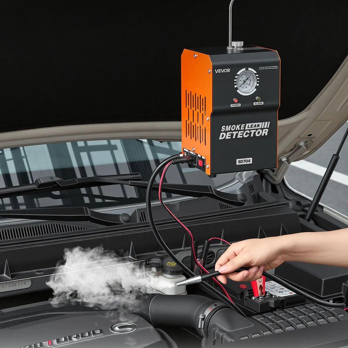 VEVOR automobiļu dūmu noplūdes detektors SD704, DC 12 V, 65 W, EVAP diagnostika, iebūvēts gaisa sūknis, spiediena mērītājs, 2 režīmi, automašīnām, motocikliem, kravas auto, laivām un ATV