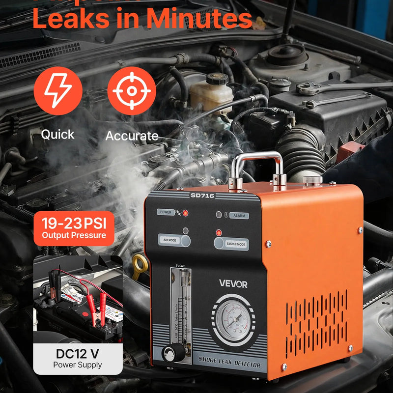 VEVOR automobiļu dūmu noplūdes detektors SD716, DC 12 V, 65 W, EVAP diagnostikas testeris, iebūvēti gaisa sūkņi, spiediena un plūsmas mērītāji, 2 režīmi, automašīnām, motocikliem, kravas auto, laivām un ATV
