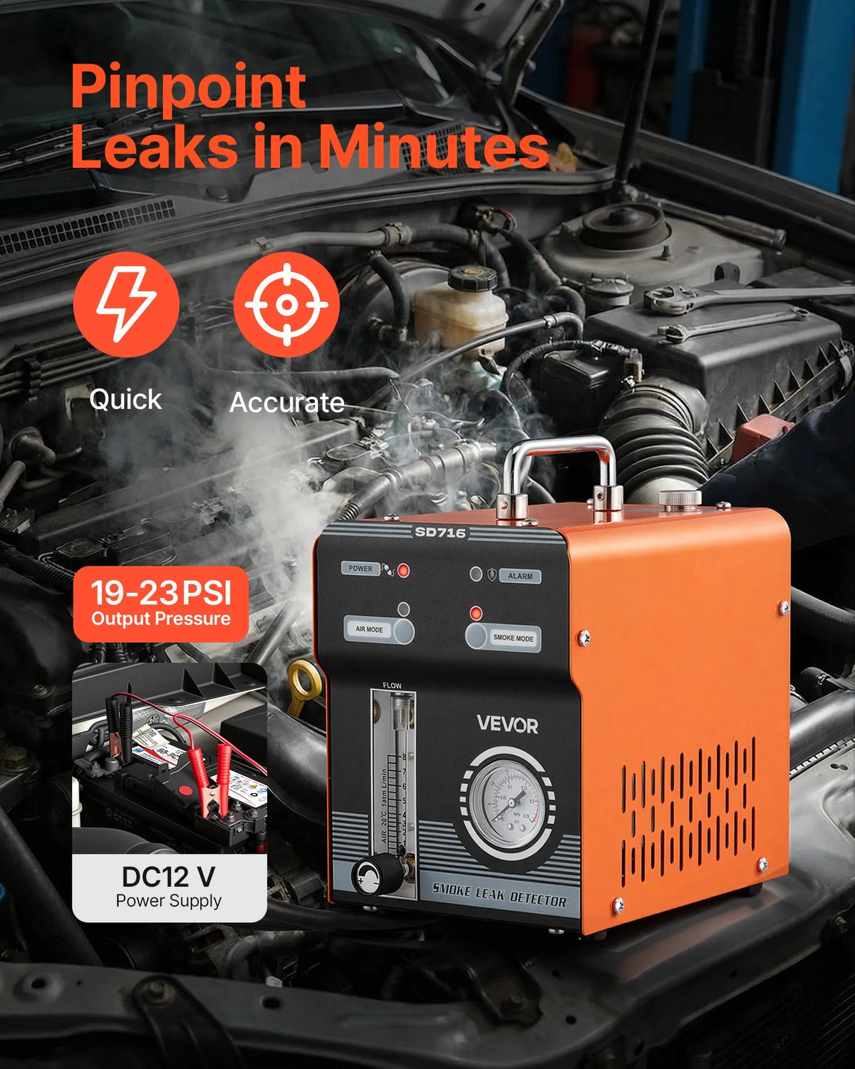VEVOR automobiļu dūmu noplūdes detektors SD716, DC 12 V, 65 W, EVAP diagnostikas testeris, iebūvēti gaisa sūkņi, spiediena un plūsmas mērītāji, 2 režīmi, automašīnām, motocikliem, kravas auto, laivām un ATV