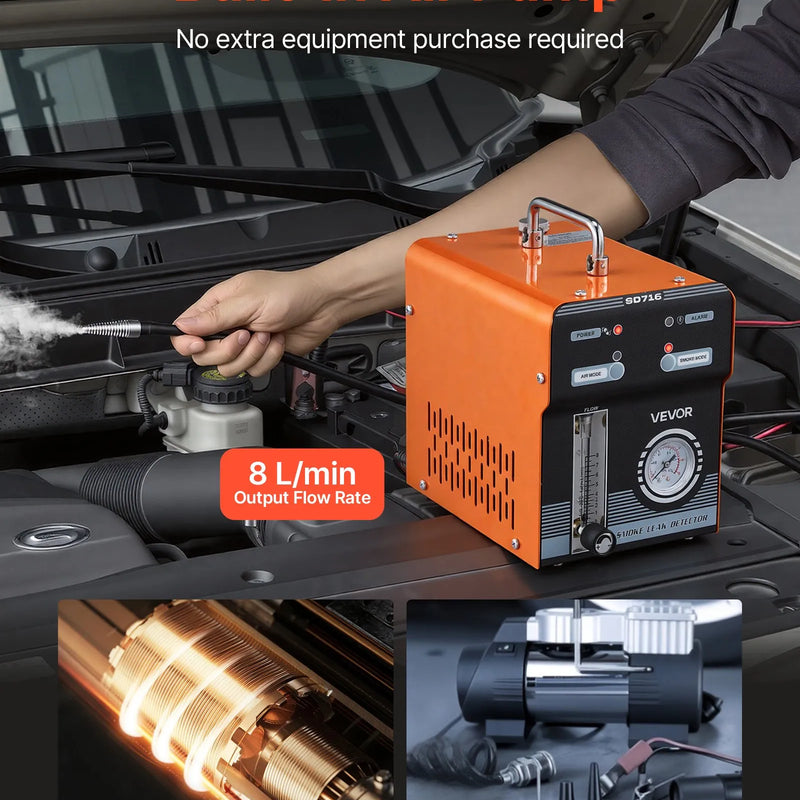 VEVOR automobiļu dūmu noplūdes detektors SD716, DC 12 V, 65 W, EVAP diagnostikas testeris, iebūvēti gaisa sūkņi, spiediena un plūsmas mērītāji, 2 režīmi, automašīnām, motocikliem, kravas auto, laivām un ATV