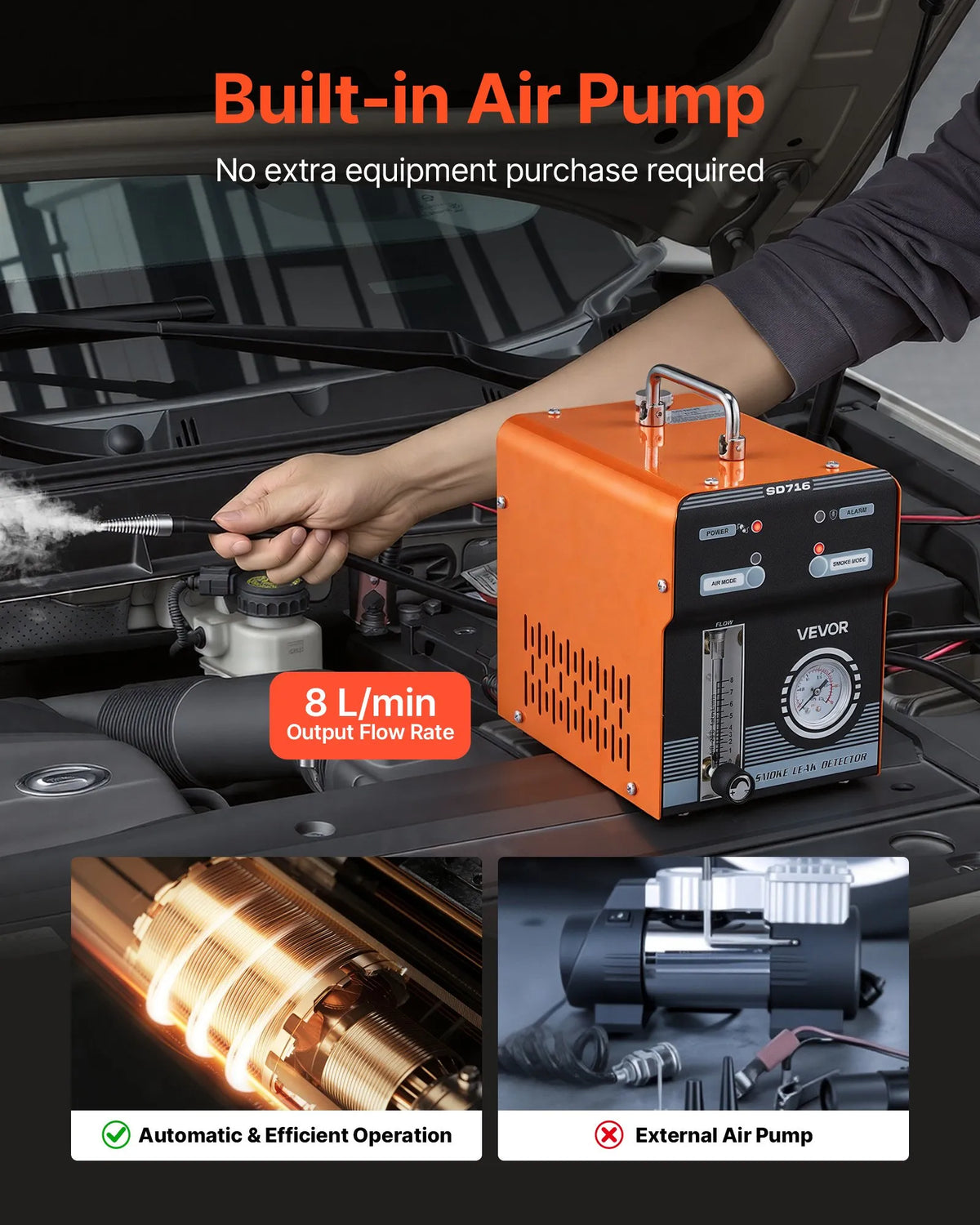 VEVOR automobiļu dūmu noplūdes detektors SD716, DC 12 V, 65 W, EVAP diagnostikas testeris, iebūvēti gaisa sūkņi, spiediena un plūsmas mērītāji, 2 režīmi, automašīnām, motocikliem, kravas auto, laivām un ATV