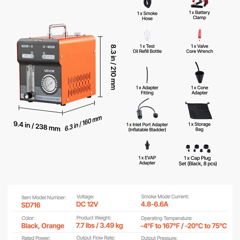 VEVOR automobiļu dūmu noplūdes detektors SD716, DC 12 V, 65 W, EVAP diagnostikas testeris, iebūvēti gaisa sūkņi, spiediena un plūsmas mērītāji, 2 režīmi, automašīnām, motocikliem, kravas auto, laivām un ATV