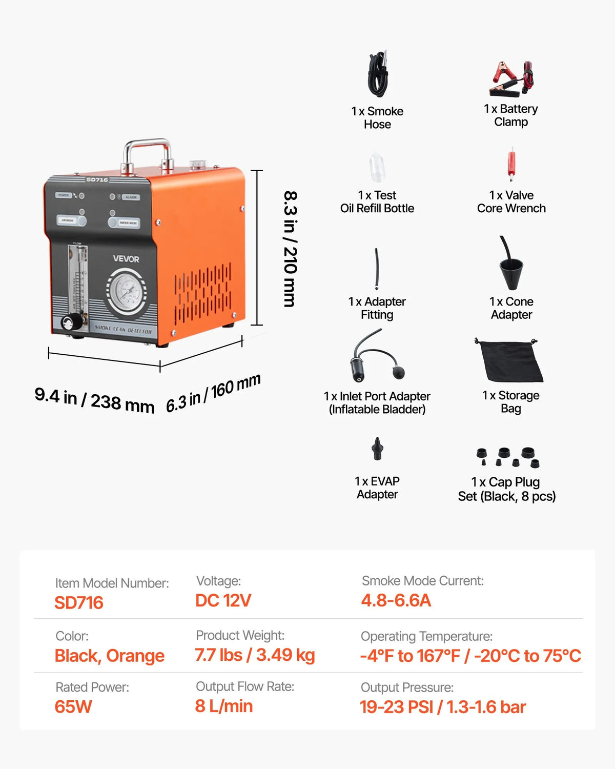 VEVOR automobiļu dūmu noplūdes detektors SD716, DC 12 V, 65 W, EVAP diagnostikas testeris, iebūvēti gaisa sūkņi, spiediena un plūsmas mērītāji, 2 režīmi, automašīnām, motocikliem, kravas auto, laivām un ATV