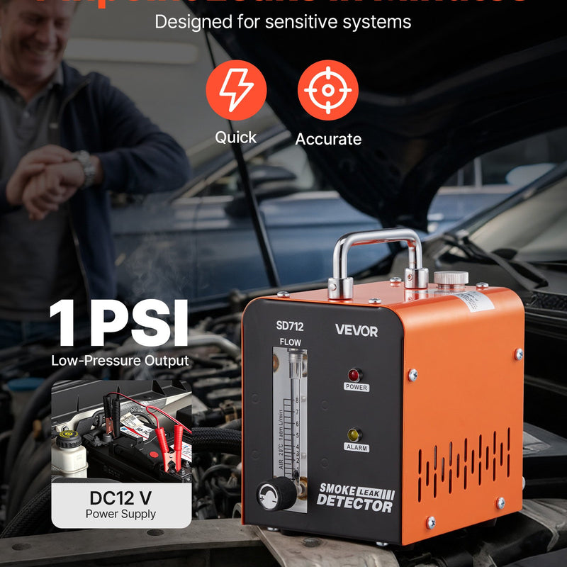 VEVOR automobiļu dūmu noplūdes detektors SD712, DC 12 V, 43 W, 1 PSI / 0,07 bar, 6–8 L/min, iebūvēts gaisa sūknis un plūsmas mērītājs, EVAP un vakuuma sistēmām