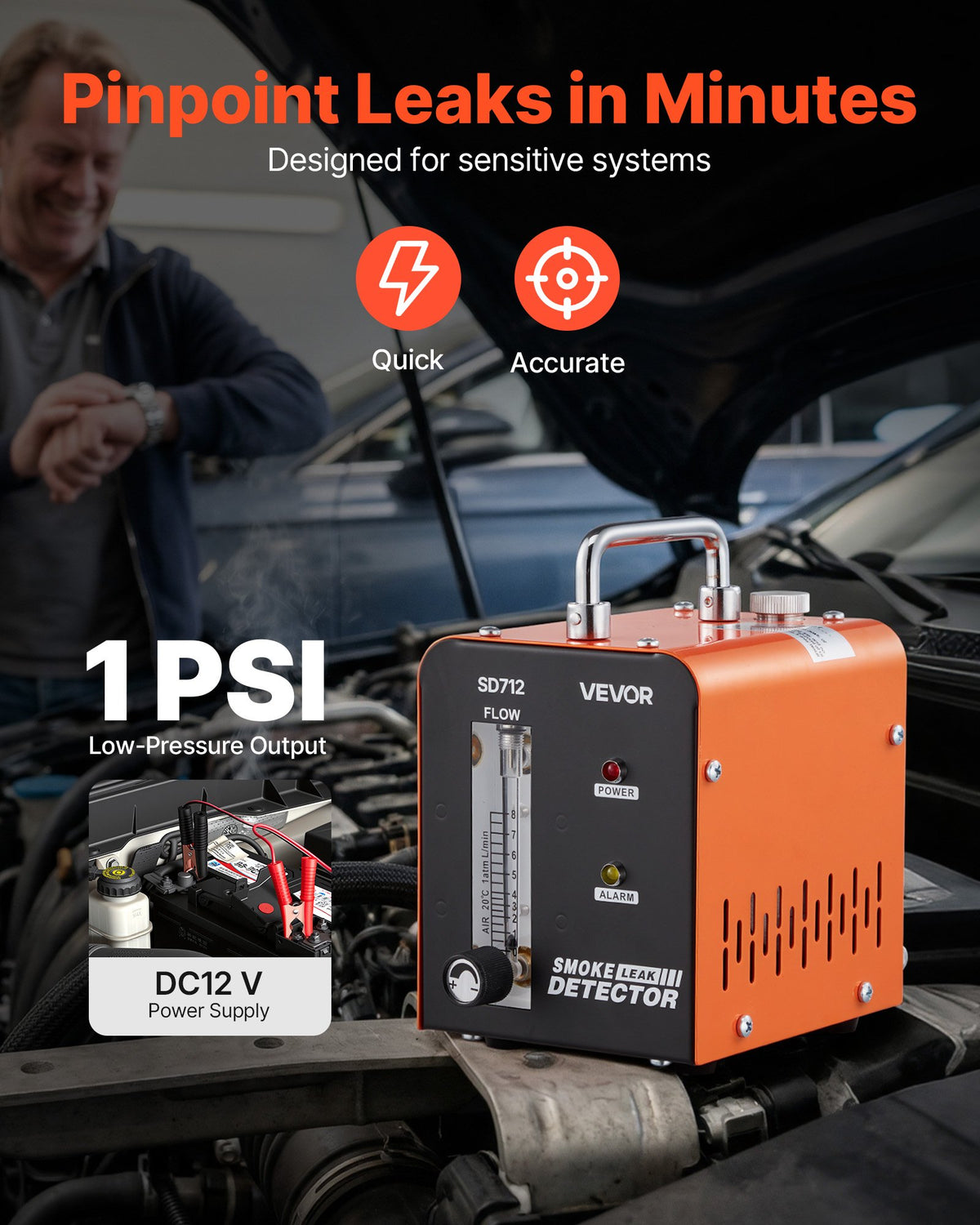 VEVORi autode heitgaaside lekkedetektor SD712, DC 12 V, 43 W, 1 PSI / 0,07 bar, 6–8 l/min, sisseehitatud õhupump ja voolumõõtur, EVAP- ja vaakumsüsteemidele