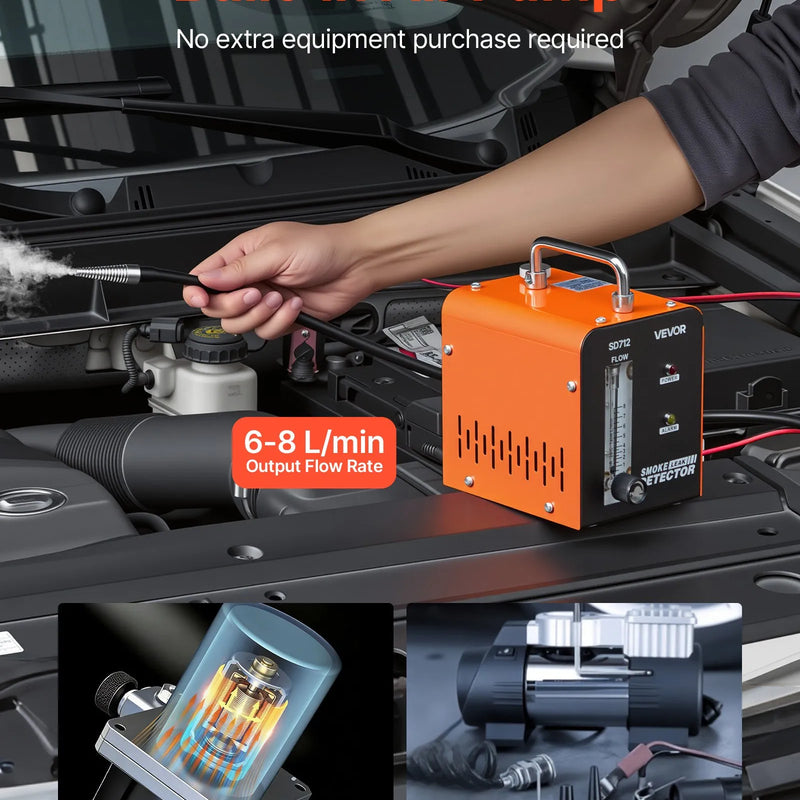 VEVOR automobiļu dūmu noplūdes detektors SD712, DC 12 V, 43 W, 1 PSI / 0,07 bar, 6–8 L/min, iebūvēts gaisa sūknis un plūsmas mērītājs, EVAP un vakuuma sistēmām