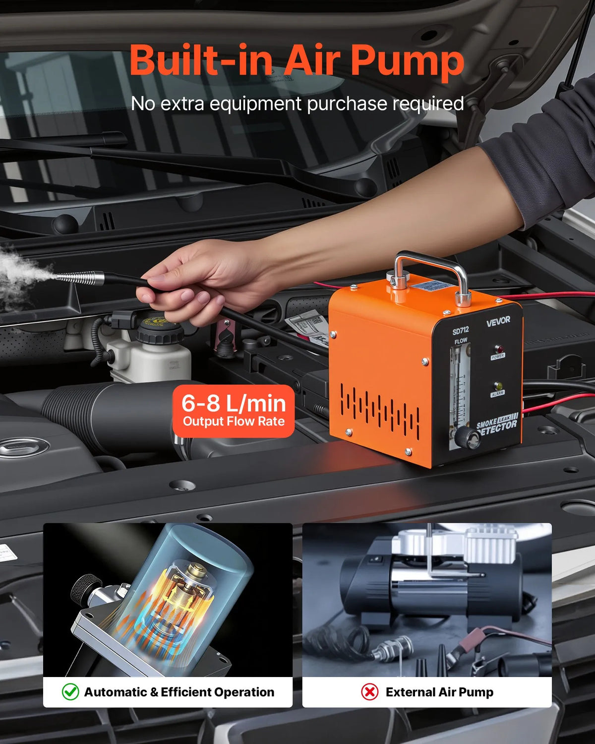 VEVORi autode heitgaaside lekkedetektor SD712, DC 12 V, 43 W, 1 PSI / 0,07 bar, 6–8 l/min, sisseehitatud õhupump ja voolumõõtur, EVAP- ja vaakumsüsteemidele