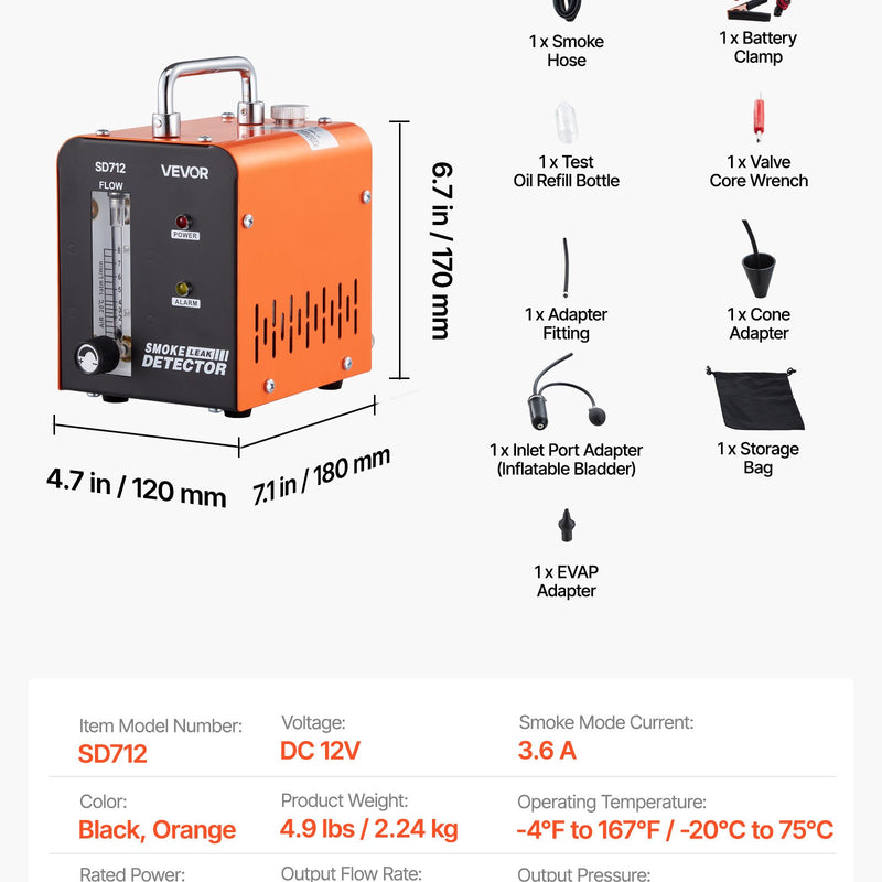 VEVOR automobiļu dūmu noplūdes detektors SD712, DC 12 V, 43 W, 1 PSI / 0,07 bar, 6–8 L/min, iebūvēts gaisa sūknis un plūsmas mērītājs, EVAP un vakuuma sistēmām
