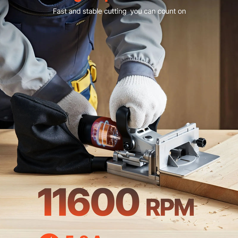 VEVOR lamellu savienotājs (biskvītu frēze), 5,9 A, lamellu savienotāja instrumentu komplekts ar 11 600 apgr./min 760 W motoru, 45° pozicionēšanas iedobe, cietmetāla asmens, koka lamellas, putekļu maiss, regulējams leņķis un dziļums, kokapstrādei
