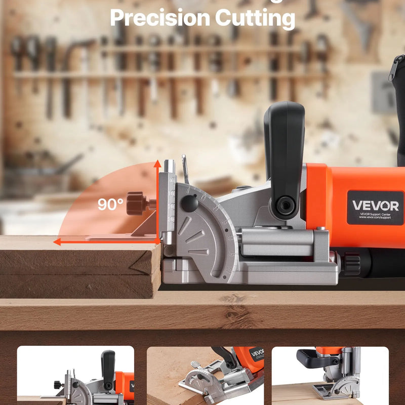 VEVOR lamellu savienotājs (biskvītu frēze), 5,9 A, lamellu savienotāja instrumentu komplekts ar 11 600 apgr./min 760 W motoru, 45° pozicionēšanas iedobe, cietmetāla asmens, koka lamellas, putekļu maiss, regulējams leņķis un dziļums, kokapstrādei