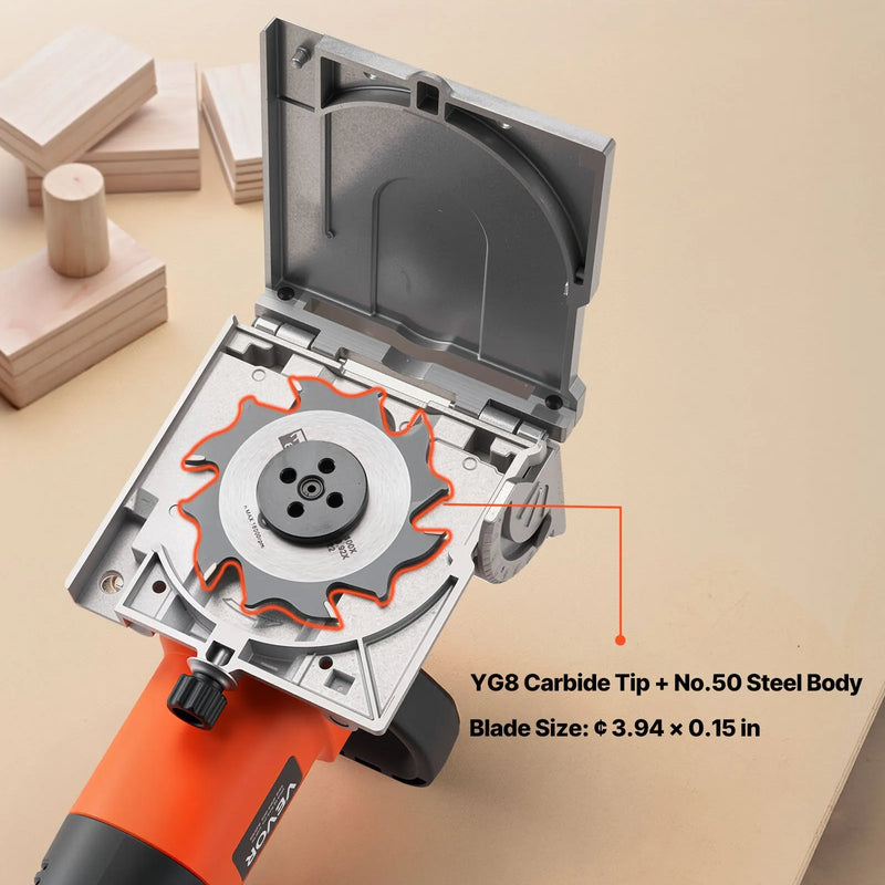 VEVOR lamellu savienotājs (biskvītu frēze), 5,9 A, lamellu savienotāja instrumentu komplekts ar 11 600 apgr./min 760 W motoru, 45° pozicionēšanas iedobe, cietmetāla asmens, koka lamellas, putekļu maiss, regulējams leņķis un dziļums, kokapstrādei