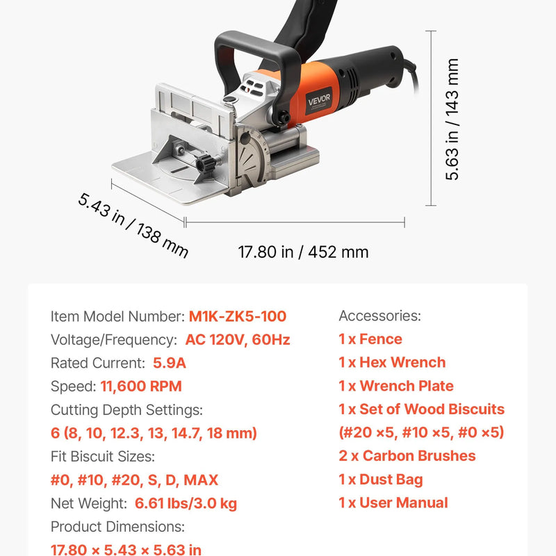 VEVOR lamellu savienotājs (biskvītu frēze), 5,9 A, lamellu savienotāja instrumentu komplekts ar 11 600 apgr./min 760 W motoru, 45° pozicionēšanas iedobe, cietmetāla asmens, koka lamellas, putekļu maiss, regulējams leņķis un dziļums, kokapstrādei