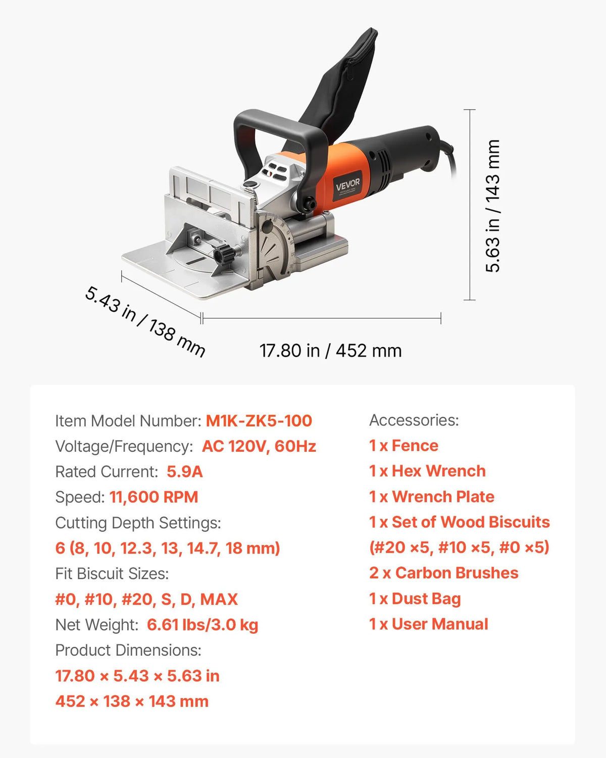 VEVOR lamellu savienotājs (biskvītu frēze) 760 W, 11 600 apgr./min, ar putekļu maisu un lamellām
