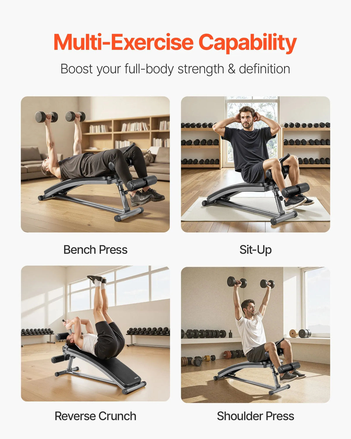 VEVOR vēdera preses sols, izliekts slīpais sols ar reversā crunch rokturi un 6 regulējamiem augstuma līmeņiem, izturīga tērauda konstrukcija, 272 kg nestspēja, mājas treniņiem un visa ķermeņa muskuļu stiprināšanai - ZEMLETES.LV