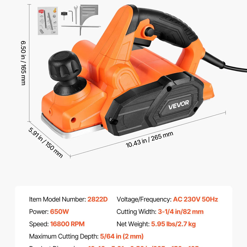 VEVOR elektriskais rokas ēvelis, 82 mm ēvelēšanas platums, 650 W 16 800 apgr./min vadu ēvelis kokam, ar regulējamu griešanas dziļumu, 2 asmeņi, kokapstrādei, slīpēšanai, nošķelšanai un gludai apdarei, galdniecības instruments