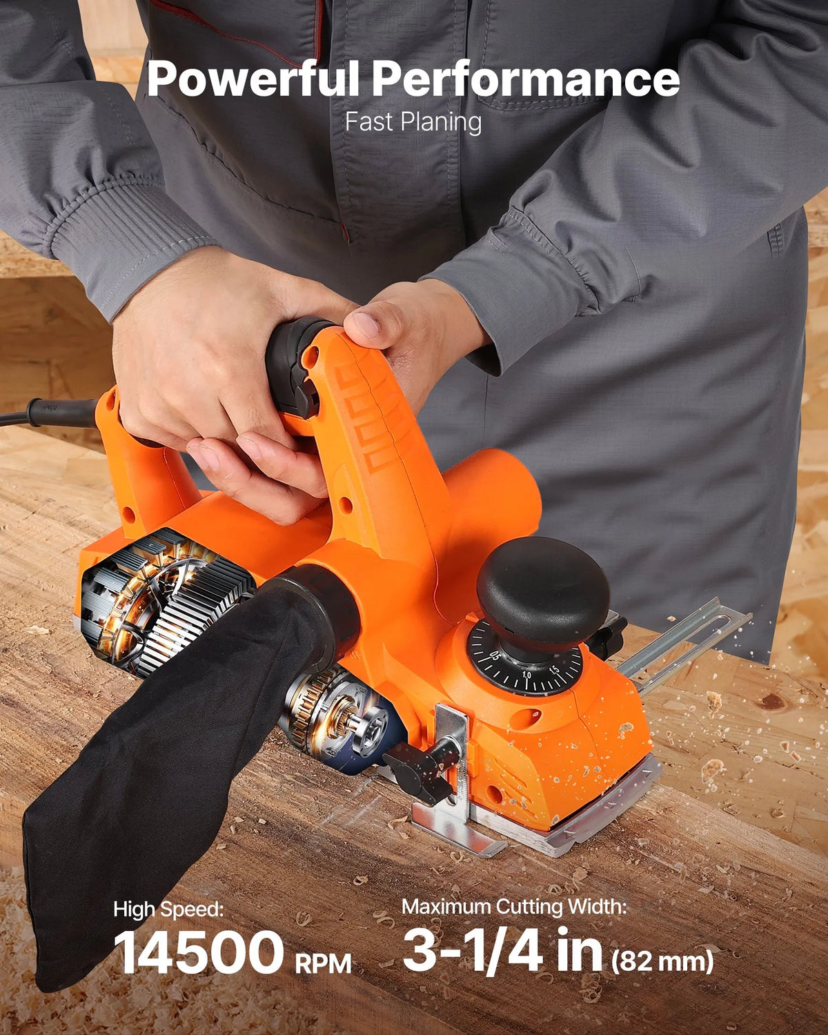 VEVOR Electric Hand Planer 82 mm, 900 W, 14,500 RPM, Adjustable Cutting Depth, 2 Blades