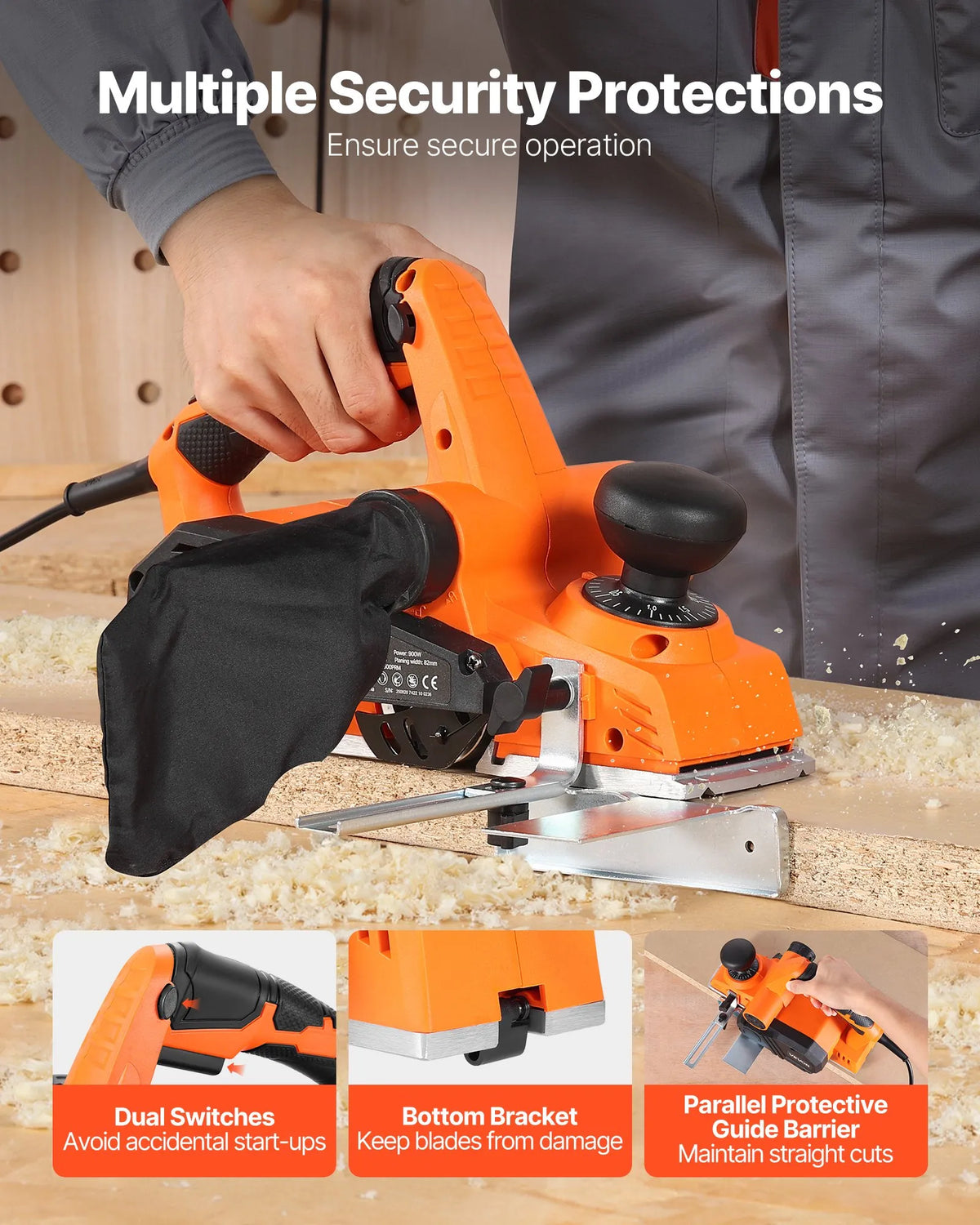 VEVOR Electric Hand Planer 82 mm, 900 W, 14,500 RPM, Adjustable Cutting Depth, 2 Blades