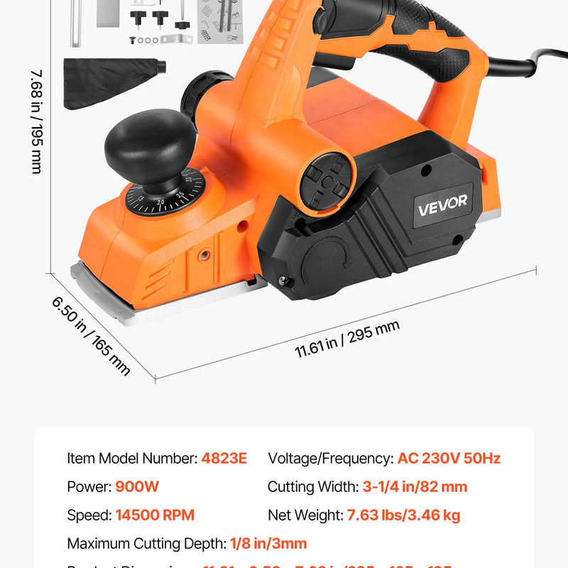 VEVOR elektriskais rokas ēvelis, 82 mm ēvelēšanas platums, 900 W 14 500 apgr./min vadu rokas ēvelis kokam, ar regulējamu griešanas dziļumu, 2 asmeņi, kokapstrādei, nošķelšanai, DIY darbiem un gludai apdarei, galdniecības instruments
