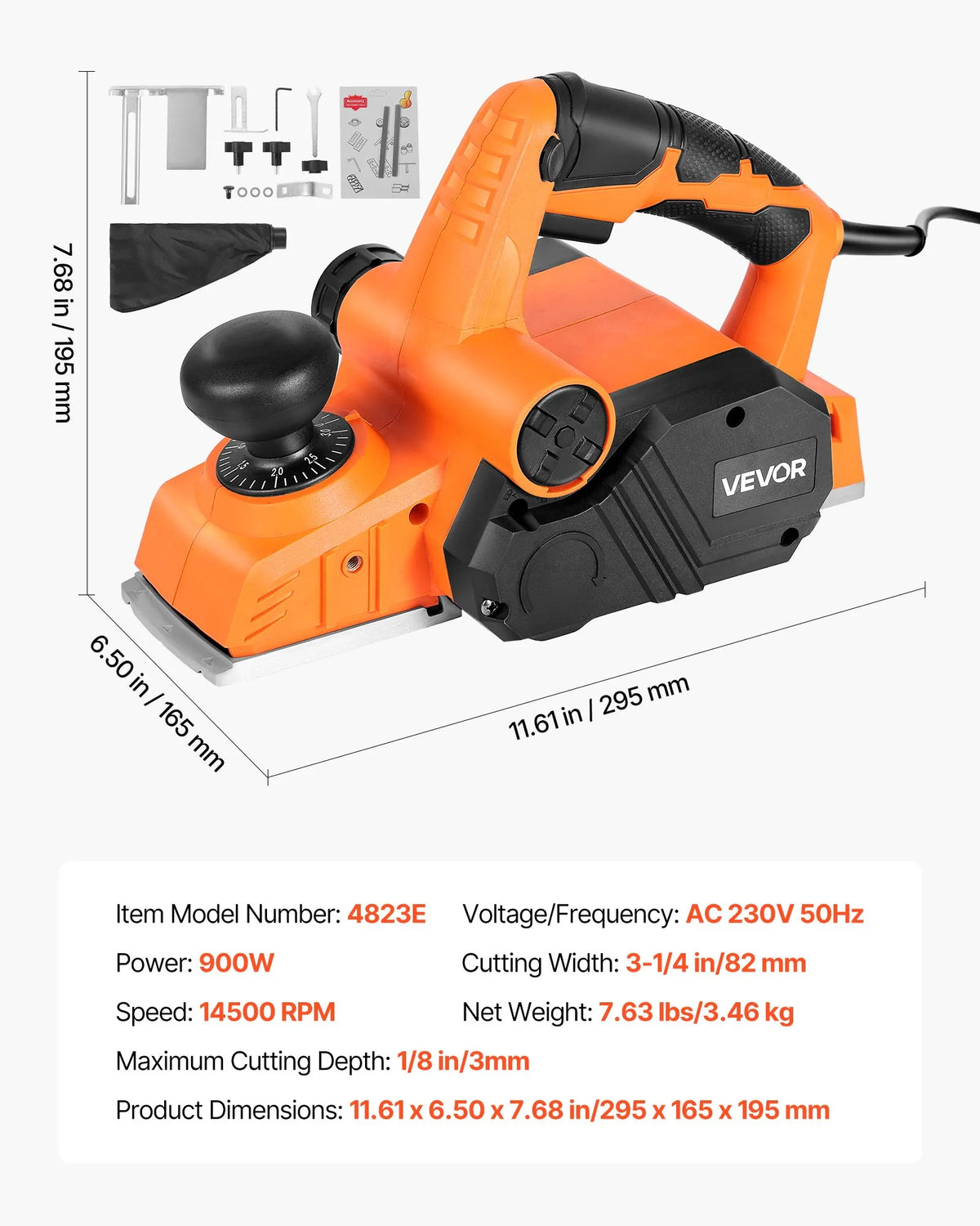 VEVOR Electric Hand Planer 82 mm, 900 W, 14,500 RPM, Adjustable Cutting Depth, 2 Blades