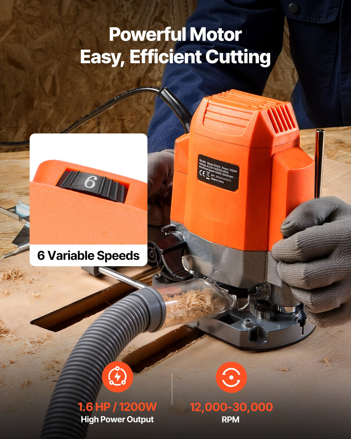 VEVOR 1200 W puidufrees, reguleeritava kiirusega ja pehme käivitamisega, kompaktne servafrees, millel on sisse tõmmatav alus, tolmukate ja paralleeljuht, sobib puidu töötlemiseks ja DIY-projektideks