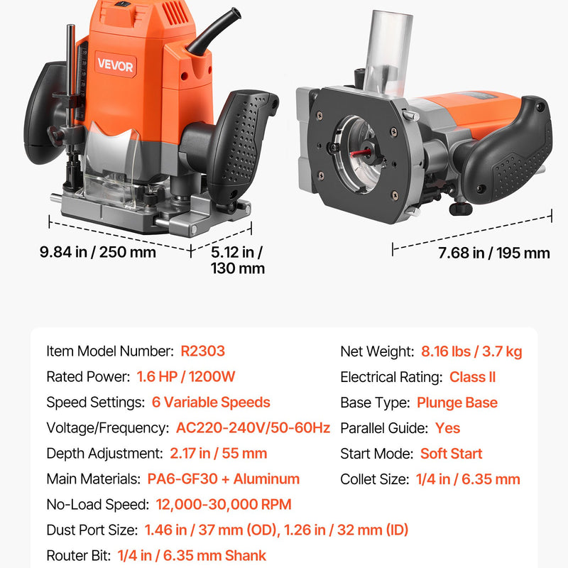 VEVOR koka frēzētājs 1200 W ar regulējamu ātrumu un mīksto palaišanu, kompakts malu frēzētājs ar iegremdējamo pamatni, putekļu pārsegu un paralēlo vadotni, piemērots kokapstrādei un DIY projektiem