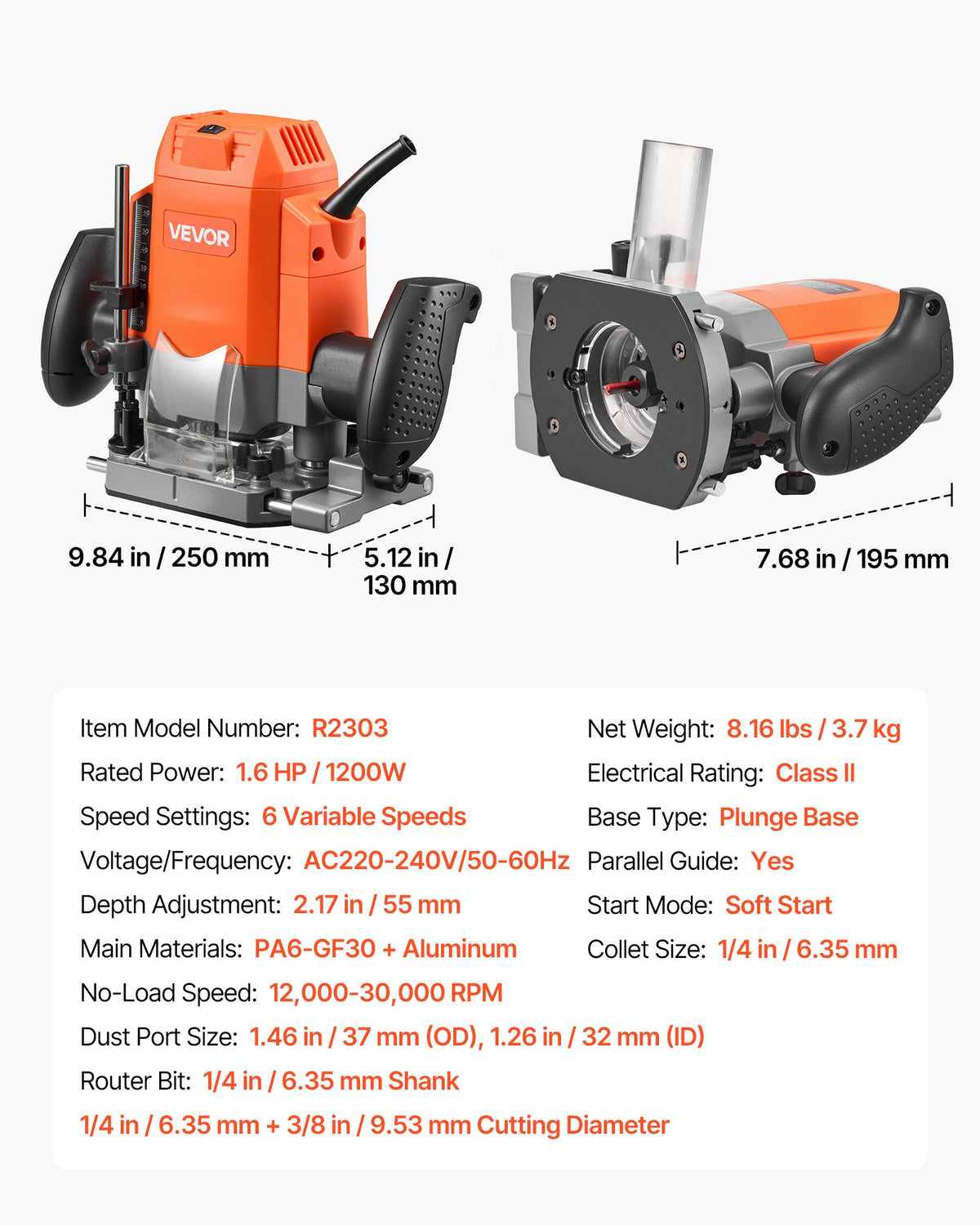 VEVOR 1200 W puidufrees, reguleeritava kiirusega ja pehme käivitamisega, kompaktne servafrees, millel on sisse tõmmatav alus, tolmukate ja paralleeljuht, sobib puidu töötlemiseks ja DIY-projektideks