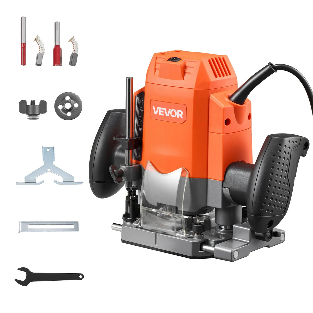 VEVOR 1200 W puidufrees, reguleeritava kiirusega ja pehme käivitamisega, kompaktne servafrees, millel on sisse tõmmatav alus, tolmukate ja paralleeljuht, sobib puidu töötlemiseks ja DIY-projektideks