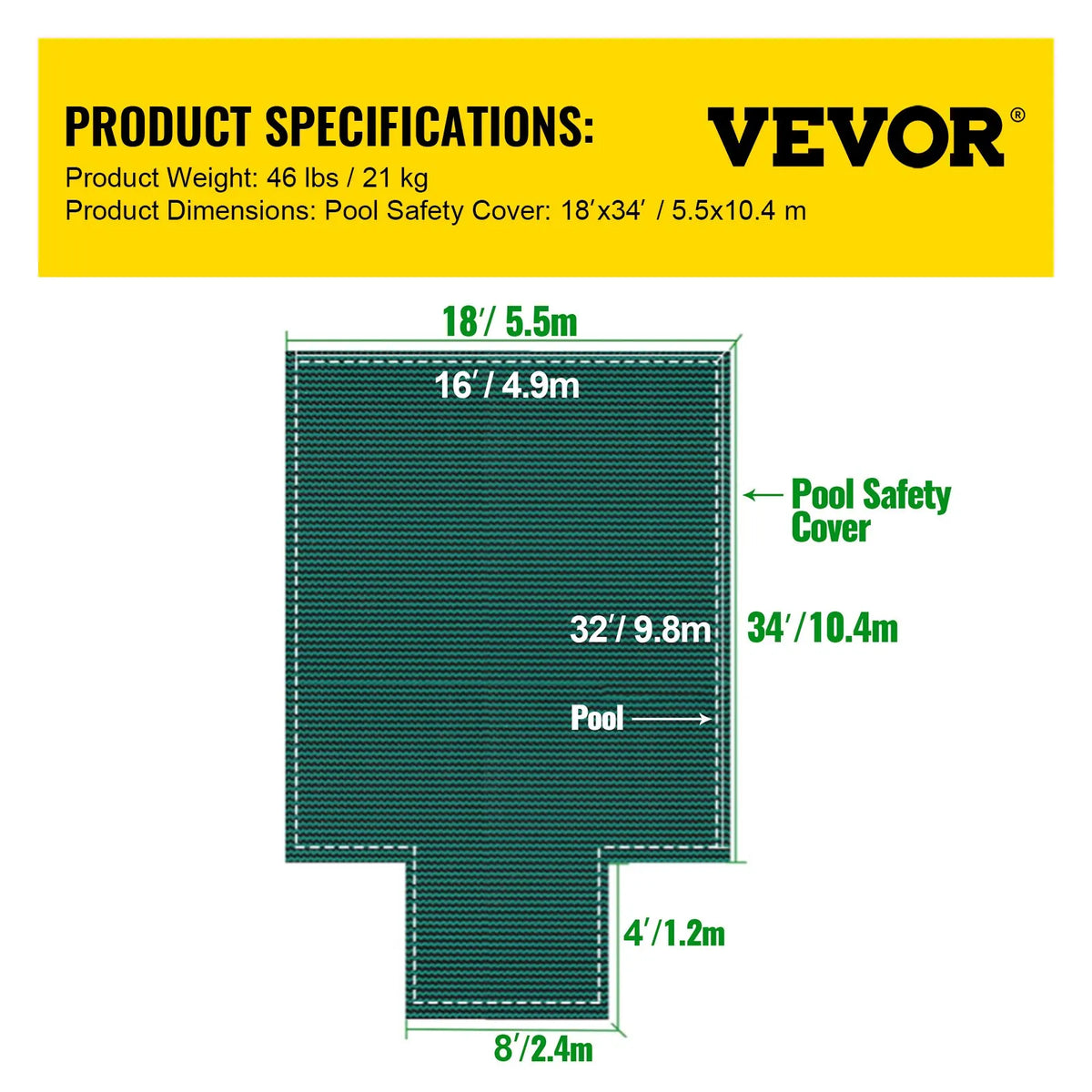 VEVOR Safety Pool Cover for In-Ground Rectangular Pool 5.49 × 10.97 m, with 1.2 × 3.04 m Centre End Step, Mesh Type Cover with Drainage Holes, Winter Safety Cover, Green