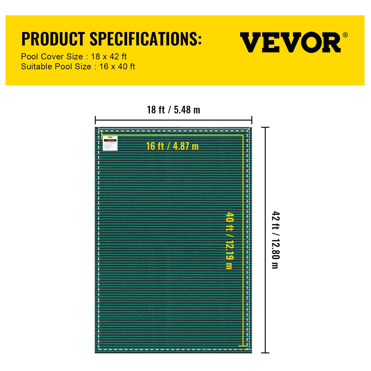 VEVOR Pool Safety Cover 5.48 × 12.8 m, Fits 4.88 × 12.19 m Rectangular In-Ground Pools, Mesh Winter Safety Cover for Swimming Pools, Green