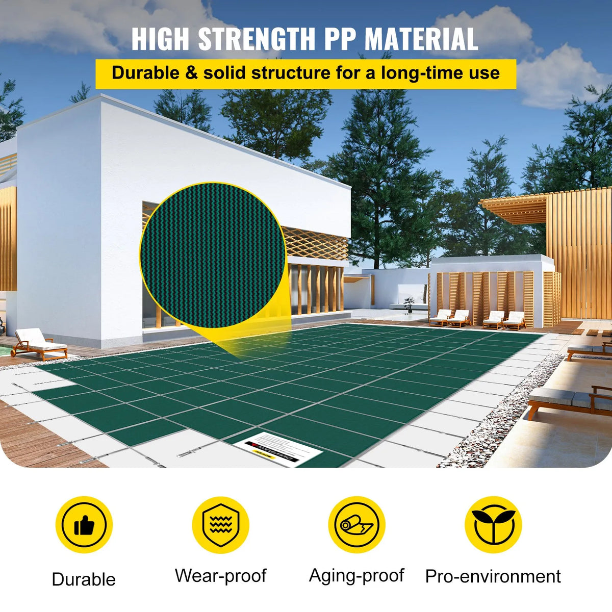 VEVOR Pool Safety Cover 20 × 40 ft (6.1 × 12.2 m) Rectangle In-Ground Pools with 1.22 × 3.05 m Central End Step, Mesh Safety Cover with Drainage Holes, Winter Pool Cover, Green