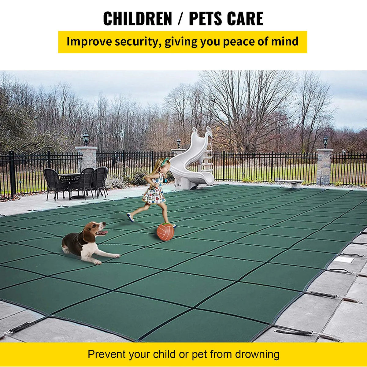 VEVOR Pool Safety Cover 20 × 40 ft (6.1 × 12.2 m) Rectangle In-Ground Pools with 1.22 × 3.05 m Central End Step, Mesh Safety Cover with Drainage Holes, Winter Pool Cover, Green