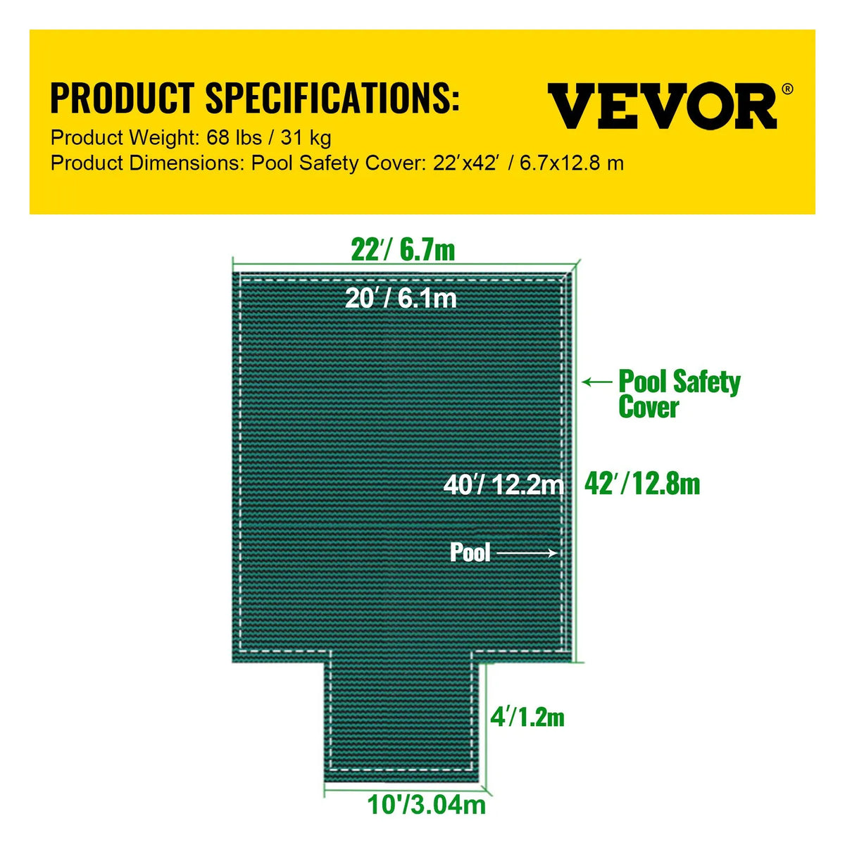 VEVOR Pool Safety Cover 20 × 40 ft (6.1 × 12.2 m) Rectangle In-Ground Pools with 1.22 × 3.05 m Central End Step, Mesh Safety Cover with Drainage Holes, Winter Pool Cover, Green